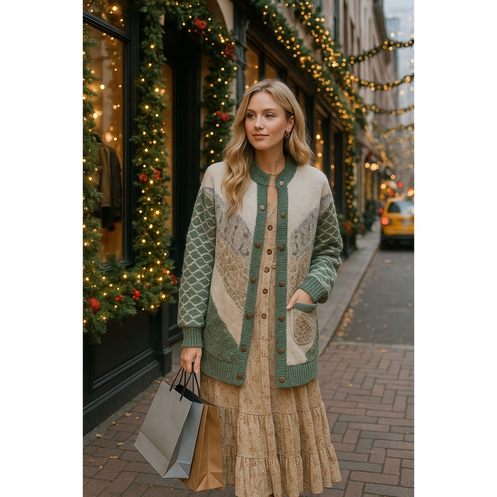 Boho Cottagecore Chunky Fuzzy Green White Sparkle Knitted Cardigan Jacket Snaps‎